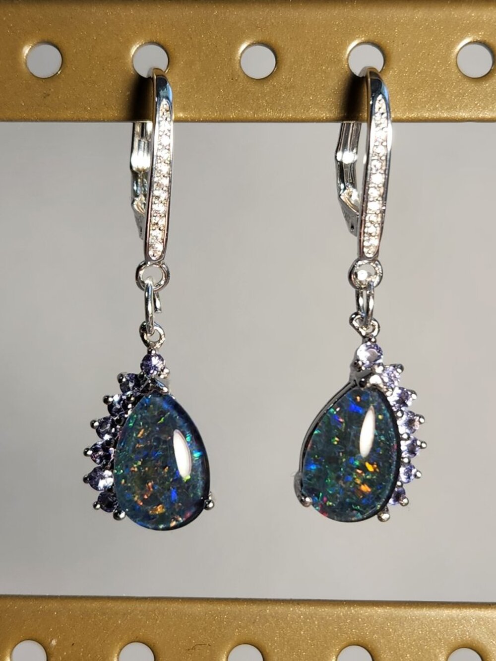 NIB BBJ 925 Genuine Australian Black Opal Natural Tanzanite Leverback Earrings